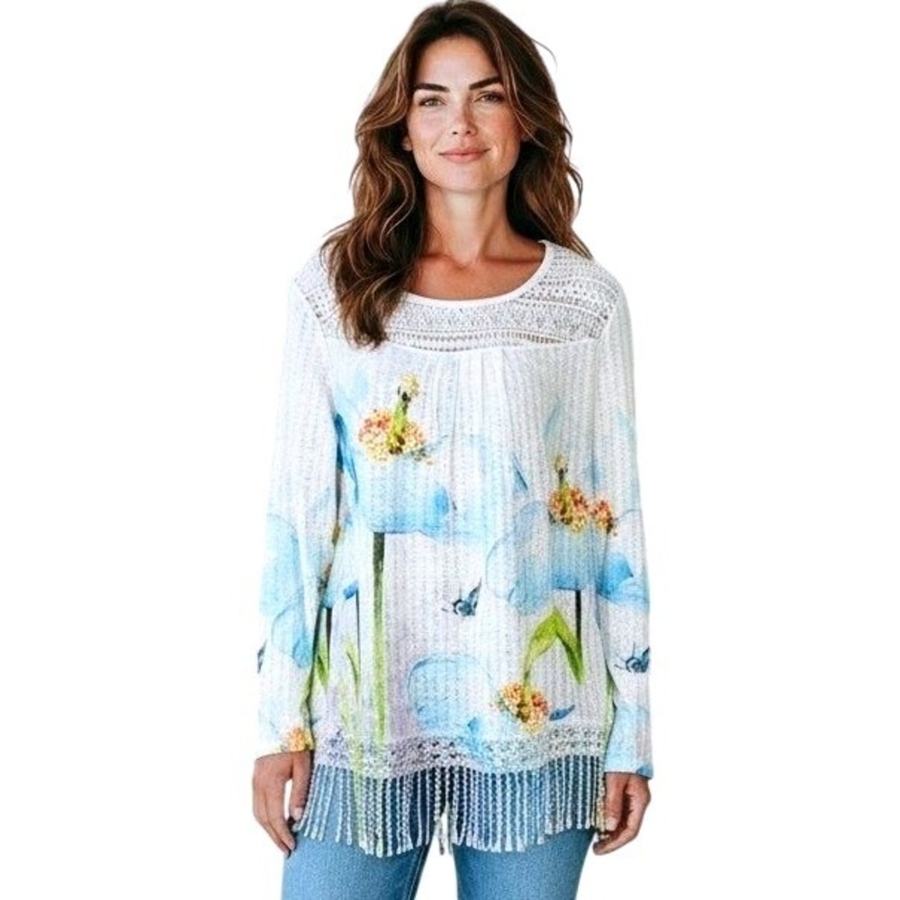 Endless Designs White Blue Floral Crochet Lace Tassel Fringe Top L Boho Coastal
